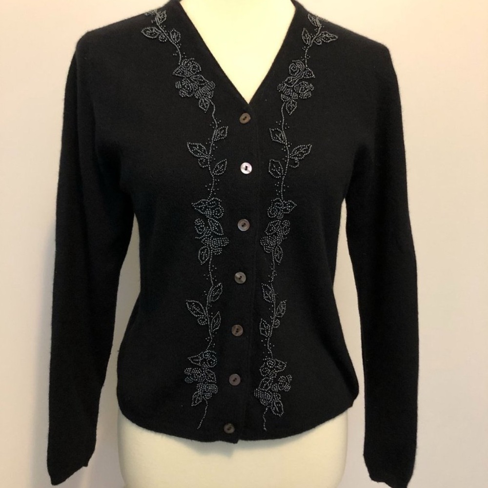 Laura Ashley Black Bead Lambswool Cardigan Size 38